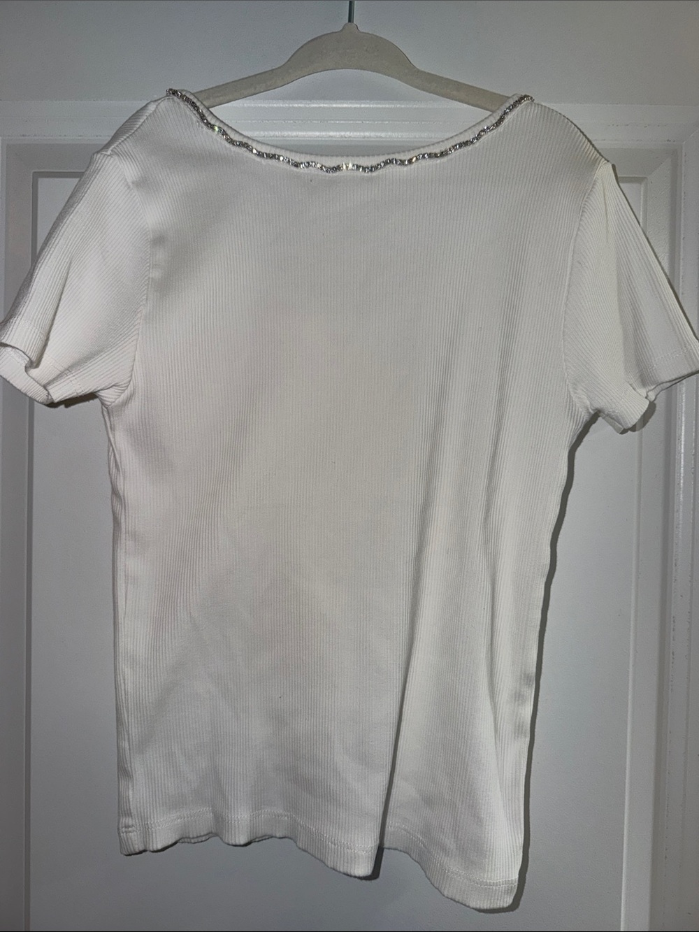 Zara White Short Sleeve Tee with Sequin Trim Neckline